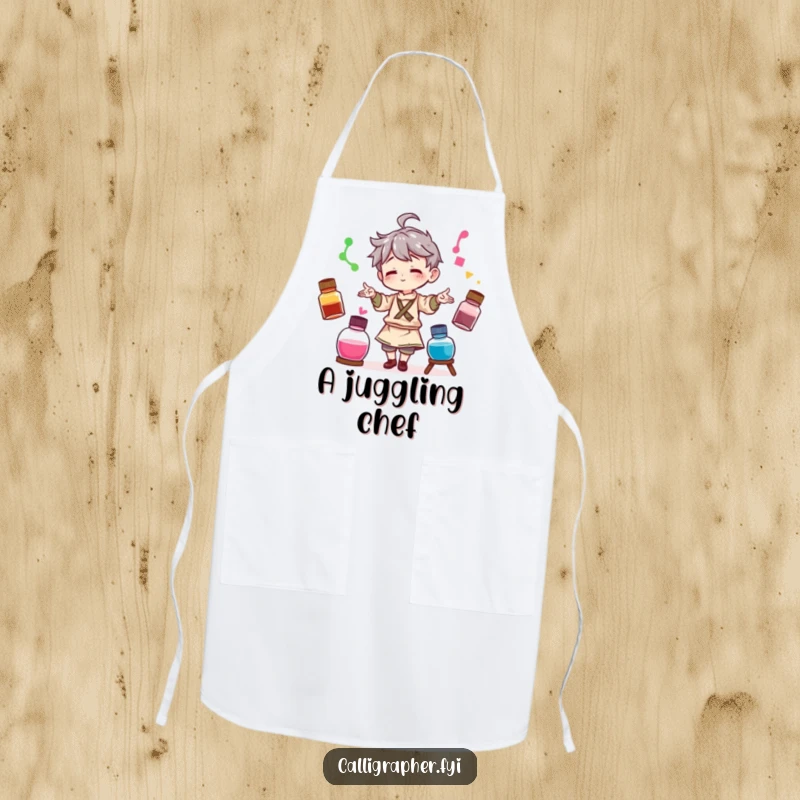 Funny apron showing a character artist playfully juggling three different colored ink bottles, designed to protect clothes during artistic endeavors.