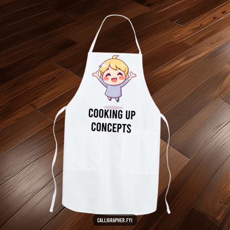 Funny apron depicting a cheerful character bouncing with inspiration, ideal for keeping clothes clean during cooking with a smile.