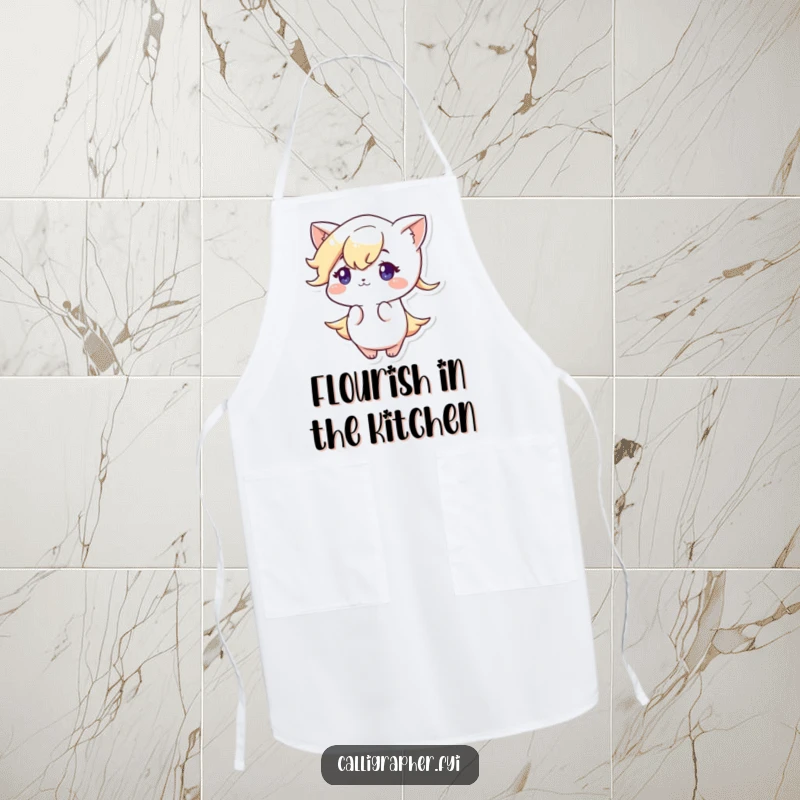 Funny apron featuring a cute character with a dedicated expression drawing an elegant flourish, keeping you clean with artistic flair.