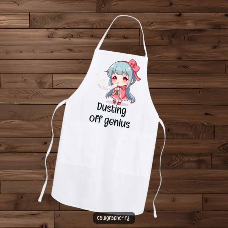 Funny apron depicting an artist gently blowing a feather to create a soft cloud of pigment, perfect for delicate art creation with humor.