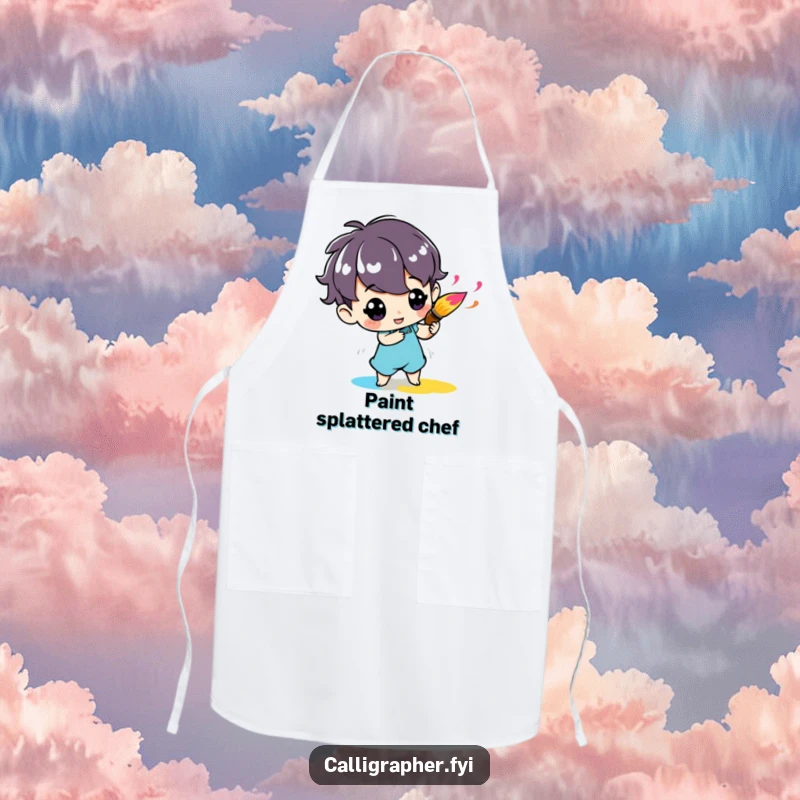Funny apron with a cute character enthusiastically twirling a paintbrush with vibrant ink, ideal for creative artists.