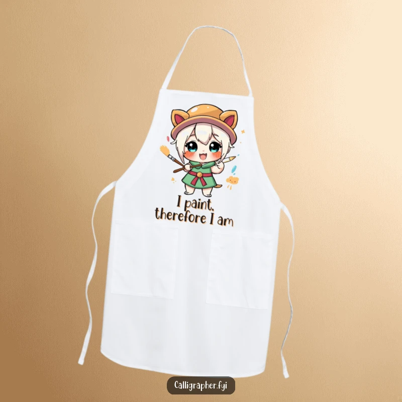 Funny apron featuring a stylized character exuberantly painting, perfect for protecting clothes during messy creative activities, a humorous kitchen accessory.