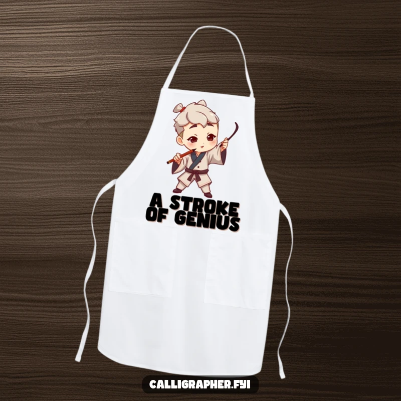 Funny apron showing a character artist dramatically gesturing with a calligraphy pen, designed to protect clothes during artistic endeavors.