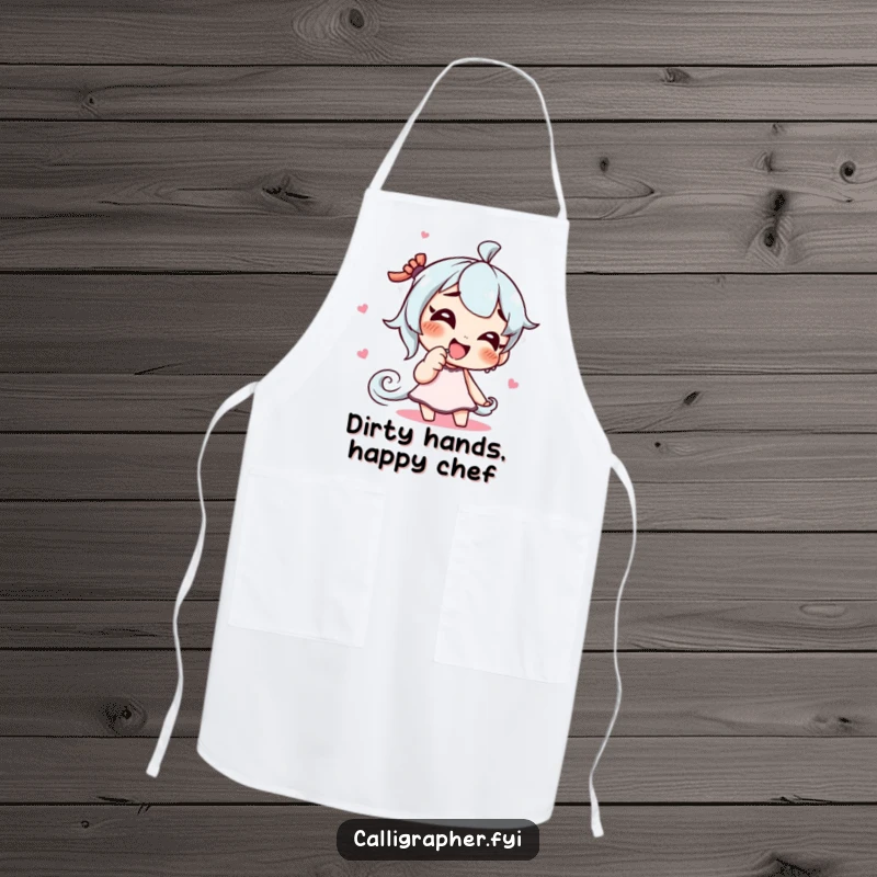 Funny apron showing a giggling character artist playfully drawing a swirling pattern with their finger, designed to keep clothes clean.