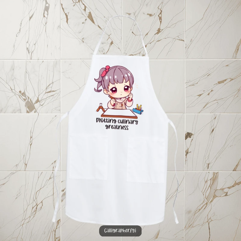 Funny apron showing a character artist in a thoughtful pose, holding a pencil poised above paper, designed to keep clothes clean.