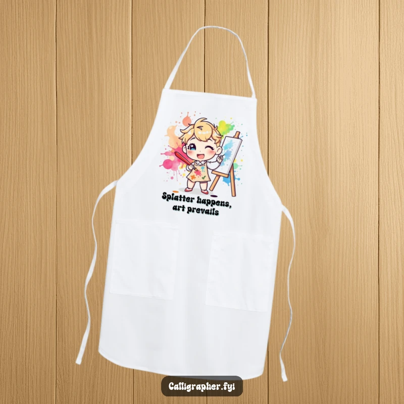 Funny apron showing a happy character artist splattering colorful ink on a canvas with a large brush, protecting them from paint stains.