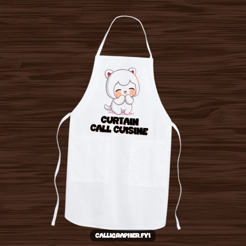 Funny Apron: Cute character bowing with artistic flourish and a proud smile, perfect for cooking or crafting with flair.