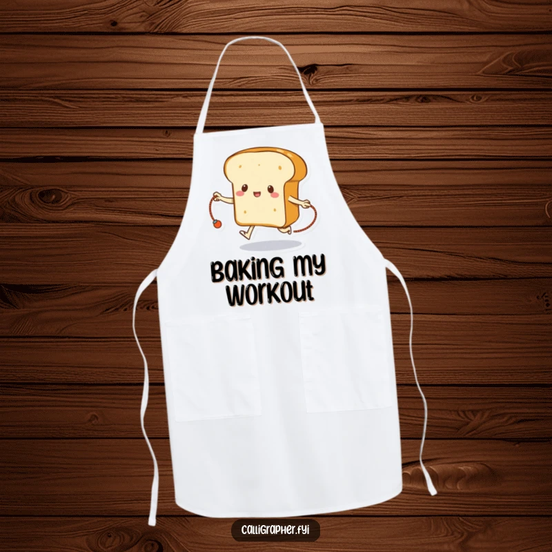 Funny bread apron with a loaf of bread skipping rope using its crust, humorous kitchen attire for bakers.