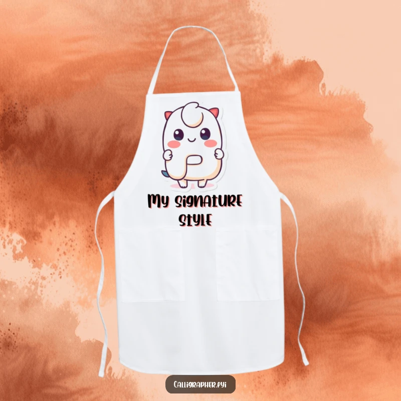 Funny Apron: A cute character proudly displays a stylized letter, ready to assist in the kitchen with humor and charm, ideal for chefs.
