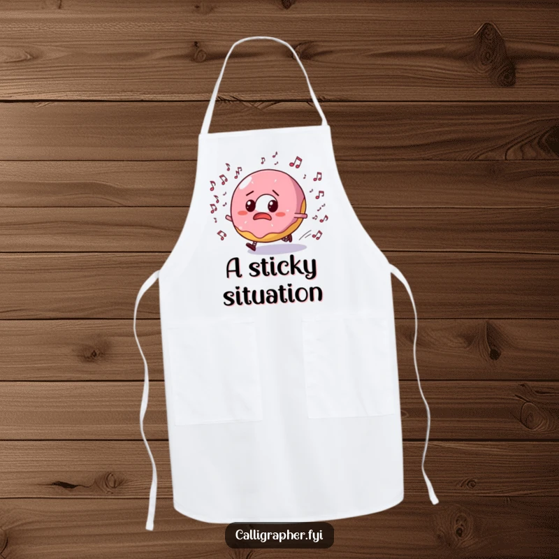 Funny apron showing a bewildered donut character running from tiny musical notes, perfect for a humorous kitchen experience.