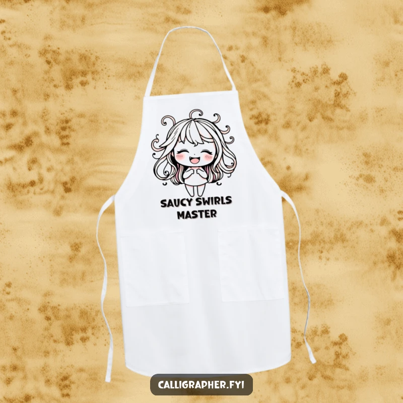 Funny apron showing a happy character gracefully practicing elegant ink swirls, adding a touch of artistic humor to any task.