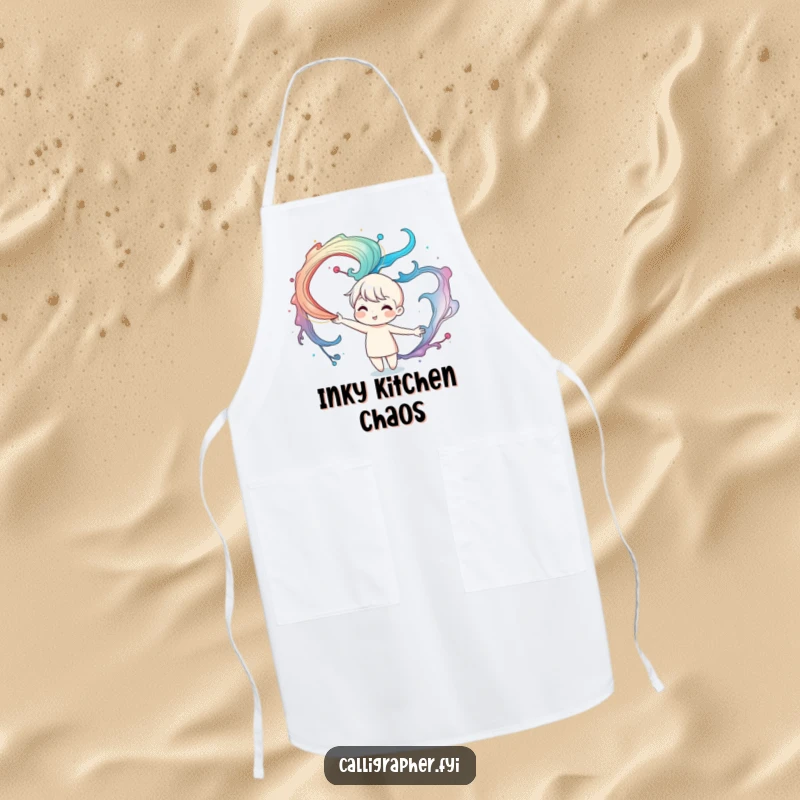 Funny apron featuring a cute character artistically swirling colorful ink patterns in the air, ideal for protecting clothes while cooking or creating.
