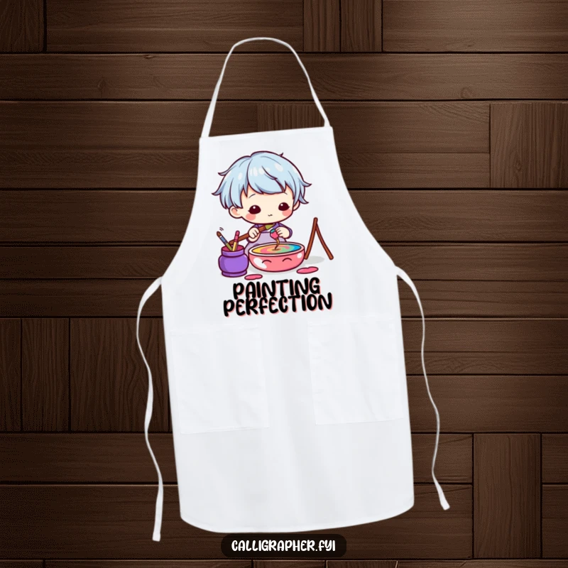 Funny Kawaii Artist Apron featuring a cute character dipping a brush into a colorful ink pot, perfect for creative cooks.