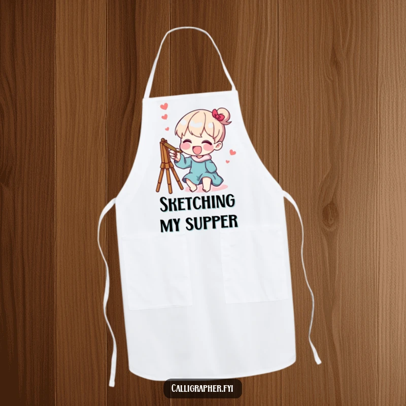 Funny apron featuring a character joyfully sketching a whimsical design, protecting clothes during creative projects with a humorous touch.