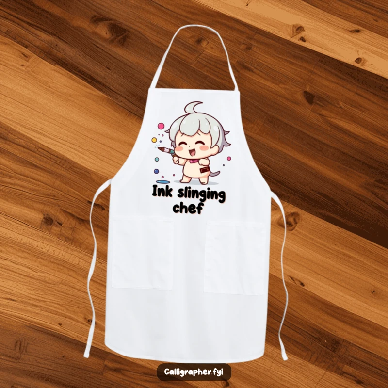 Funny Kawaii character apron, enthusiastically spraying ink from a pen nib, ready to add artistic flair to kitchen tasks.