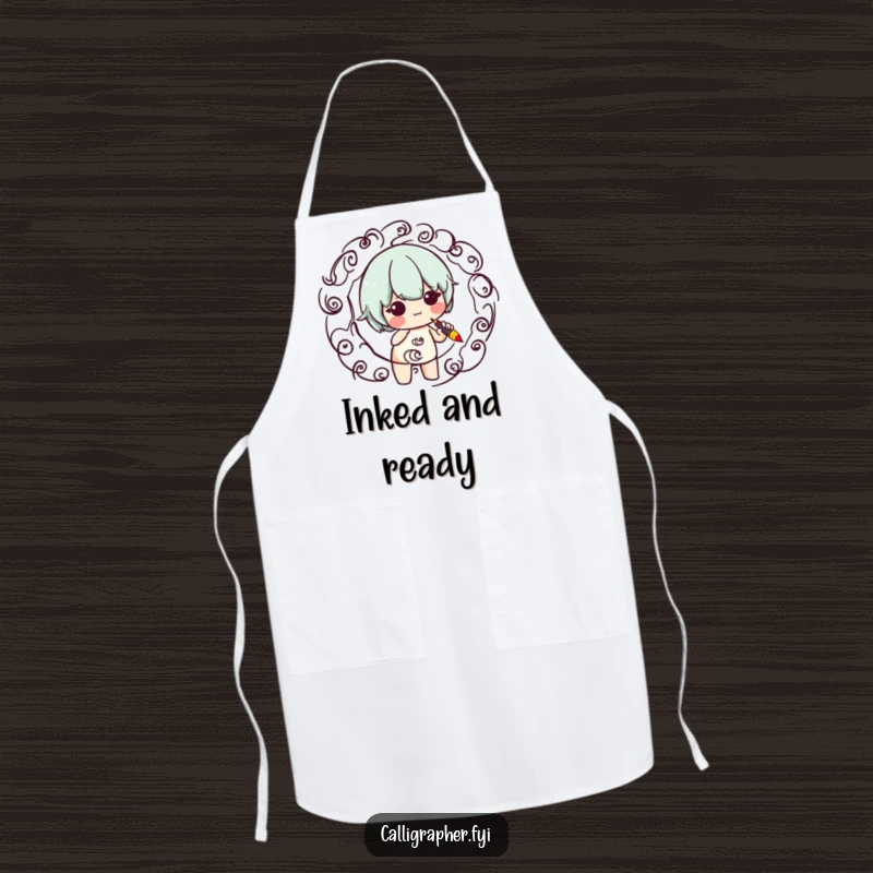 Funny apron featuring a cute character skilled in calligraphy, creating artistic swirls, ideal for keeping clothes clean during creative culinary tasks.