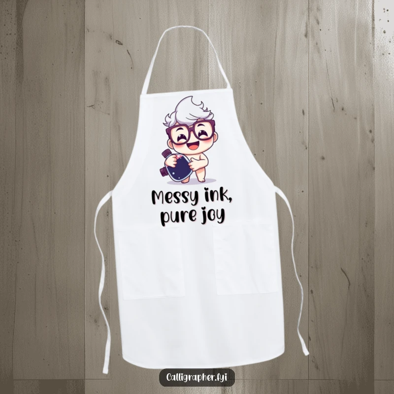 Funny Apron with a happy character in glasses holding a large ink bottle, perfect for protecting clothes during creative endeavors.