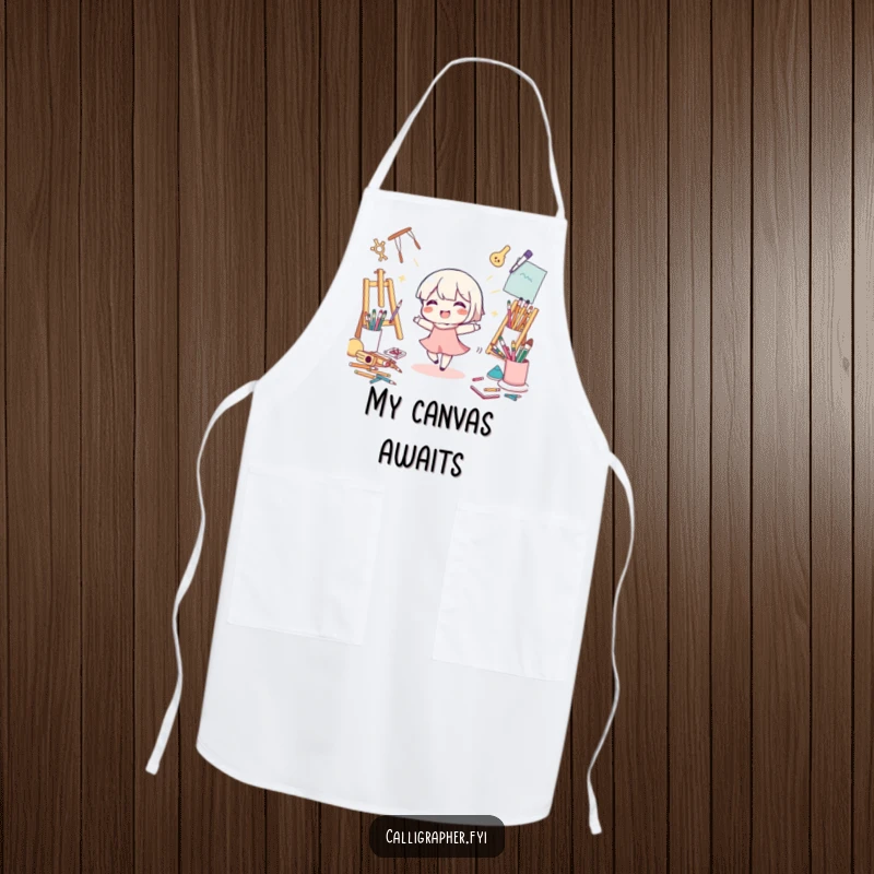 Funny Apron: A cute character dances enthusiastically surrounded by art supplies, perfect for protecting clothes during creative endeavors.