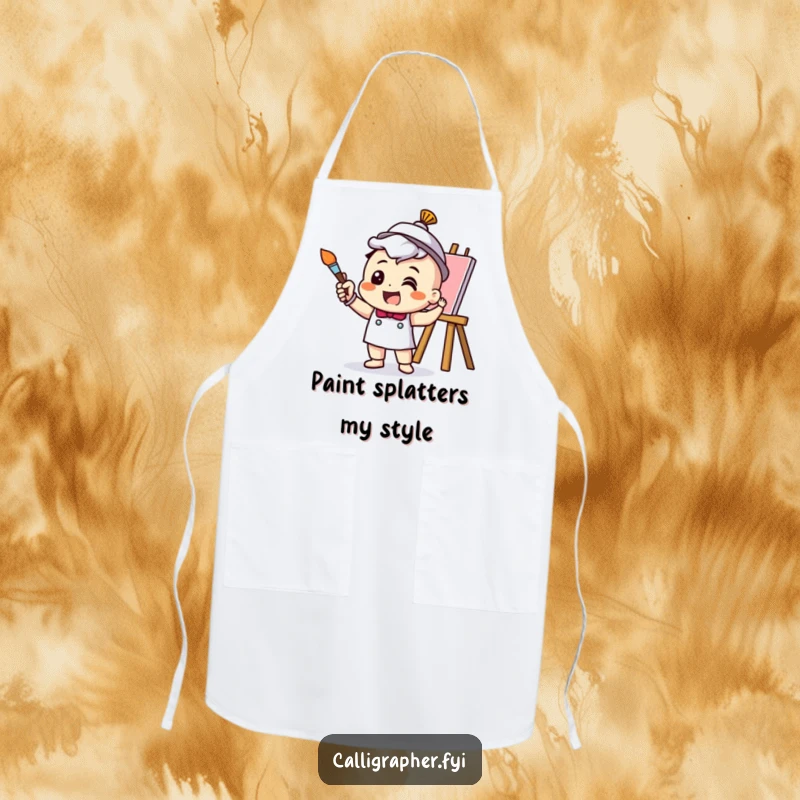 Funny Apron featuring a cheerful artist character enthusiastically painting with a brush, perfect for kitchen or art studio fun.