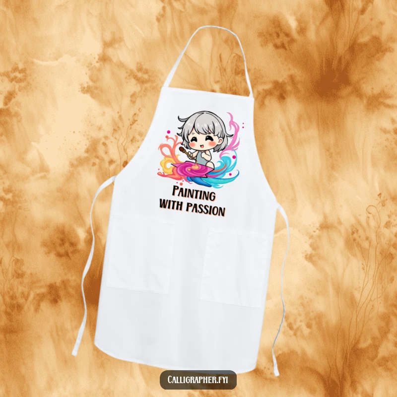 Funny apron with a cute character joyfully painting a swirling pattern with vibrant ink, perfect for messy art.