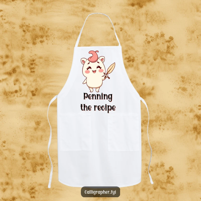 Funny apron featuring a cheerful character holding a quill pen with a flourish, great for keeping clean during creative writing sessions.