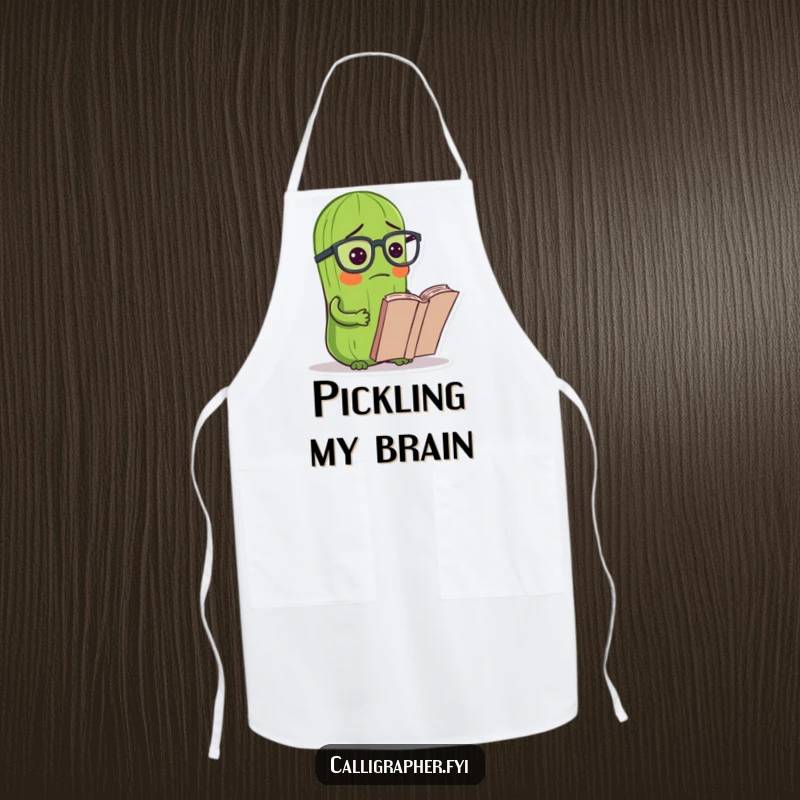 Funny pickle apron with a pickle wearing reading glasses, looking confused at a recipe book, humorous kitchen attire.