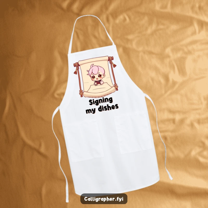 Funny apron showcasing a cute character dramatically signing a large scroll with a flourish, adding a humorous touch to kitchen duties.