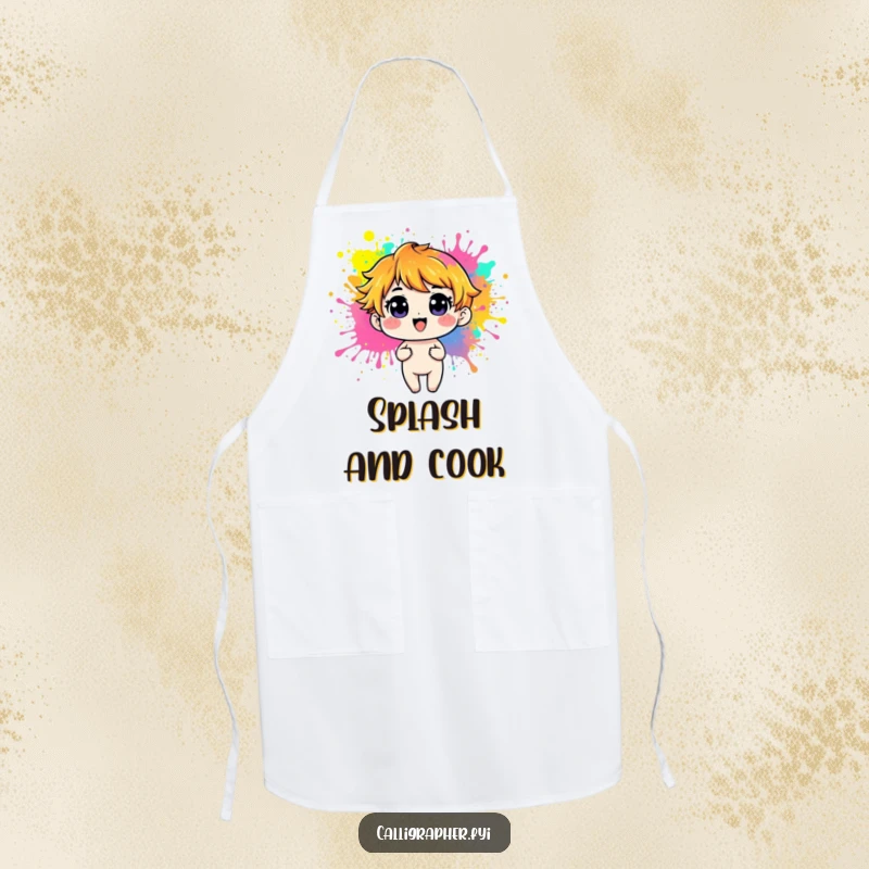 Funny Apron with a playful character creating vibrant paint splashes, perfect for keeping clean while painting.