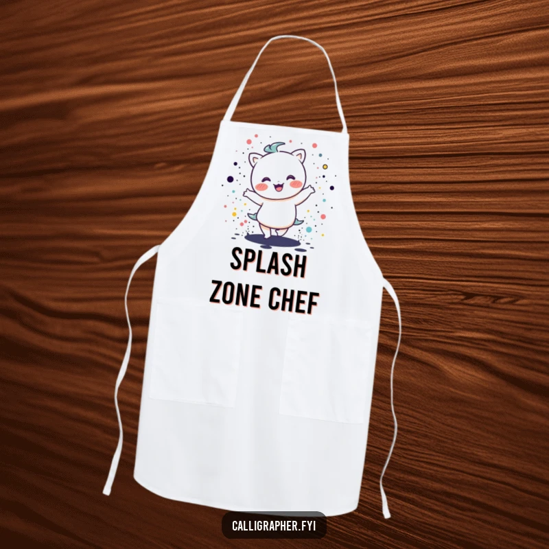 Funny kawaii character joyfully dancing in ink splatters, a practical and humorous apron for artists, protecting clothes with artistic flair.