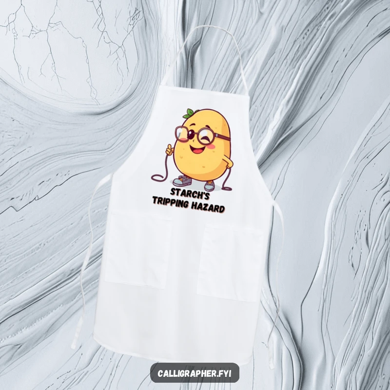 Funny apron showing a cheerful potato character in a monocle, comically tripping over its shoelaces.