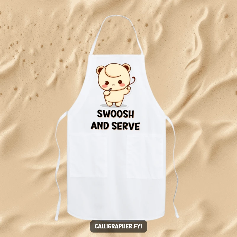 Funny apron featuring a kawaii character artist holding a calligraphy pen, elegantly writing a swoosh, protecting from art supplies.