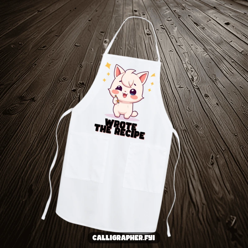 Funny apron showing a playful character doing a celebratory flourish after writing, perfect for authors and chefs who love words.