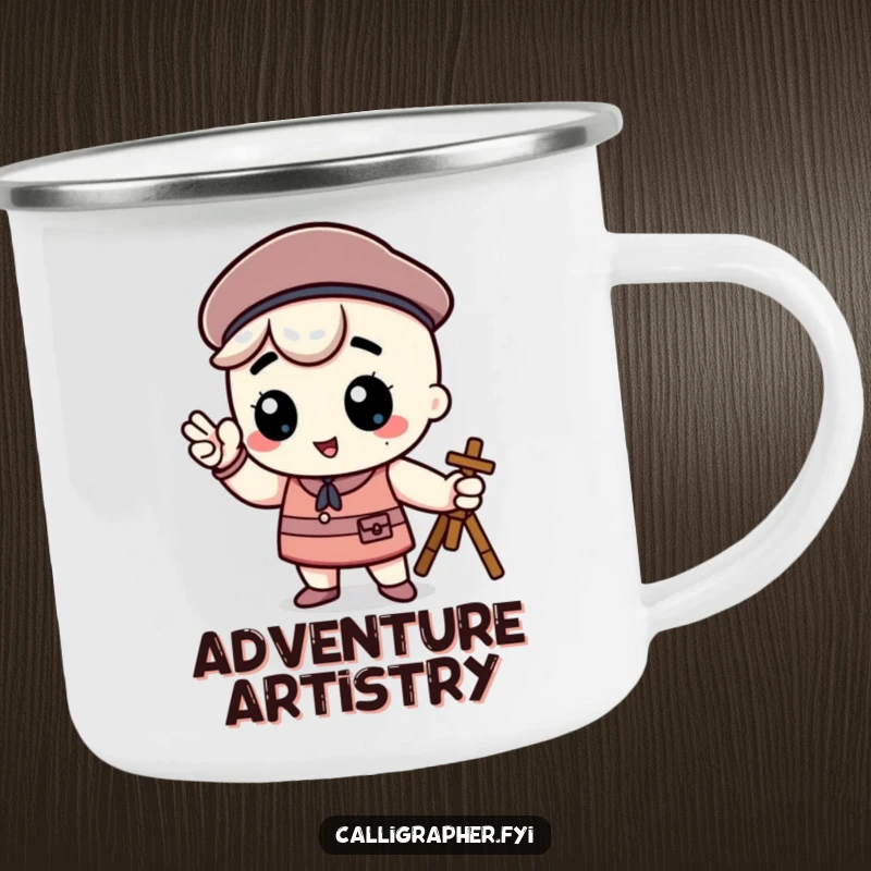 Funny kawaii character in a beret, posing proudly as an artist, on a durable enamel camping mug for creative outdoor enjoyment.