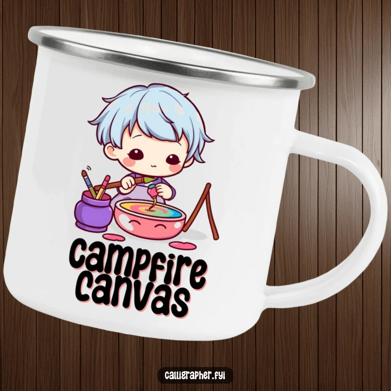 Funny Kawaii Artist Camping Mug featuring a cute character dipping a brush into colorful ink, perfect for outdoor artistic inspiration.