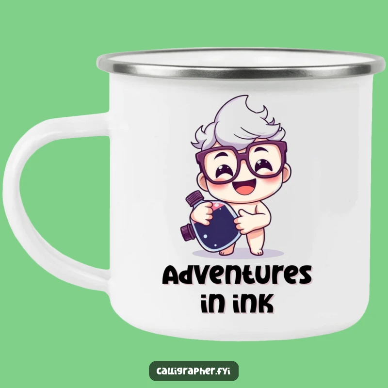 Funny Writer's Camping Mug - Happy Ink Character, Literary Fuel for Outdoor Adventures
