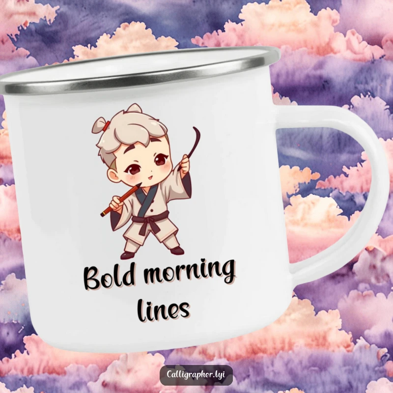 Funny camping mug with a character artist dramatically gesturing with a calligraphy pen, creating a bold stroke, designed for creative outdoor use.
