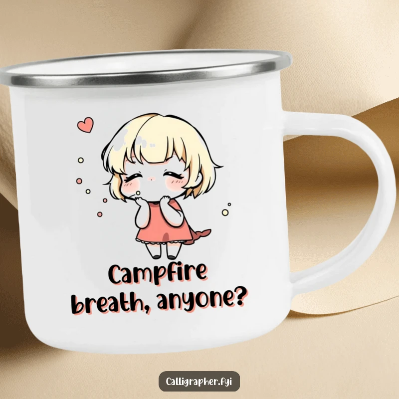 Funny Camping Mug: A cute character gently blows on a freshly inked design, bringing artistic focus and humor to outdoor settings.