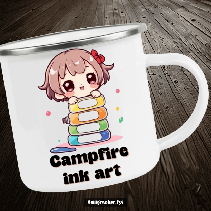 Funny Camping Mug: Cute character balancing a stack of ink bottles, perfect for artists enjoying nature and warm drinks.