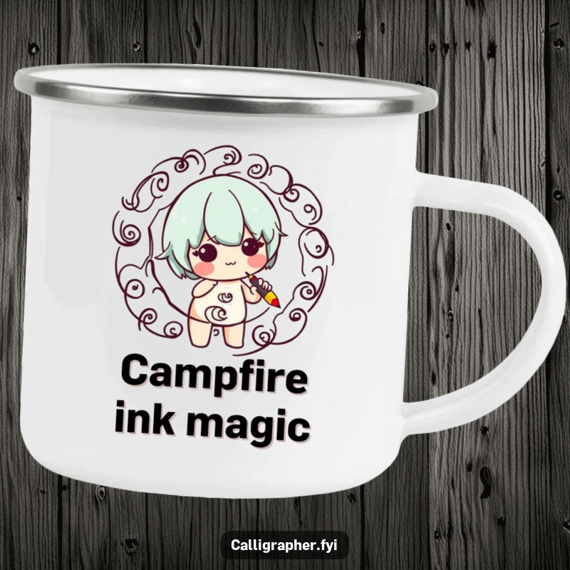 Funny camping mug featuring a cute character creating artistic swirling patterns with a calligraphy pen, designed for outdoor enthusiasts with flair.