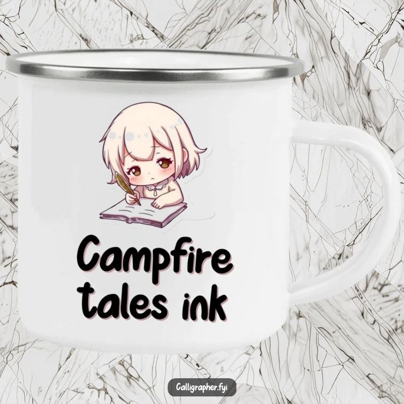 Funny camping mug with a cute character writing with a feathered quill, perfect for outdoor adventures and creative thinking.