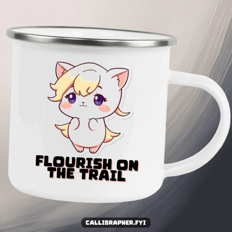 Funny camping mug showing a cute character concentrating to draw an elegant flourish, adding artistic flair to outdoor adventures.