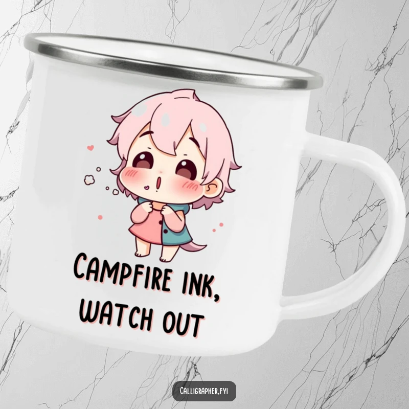 Funny camping mug with a surprised character blowing on fresh ink, celebrating the artistic process during outdoor adventures.
