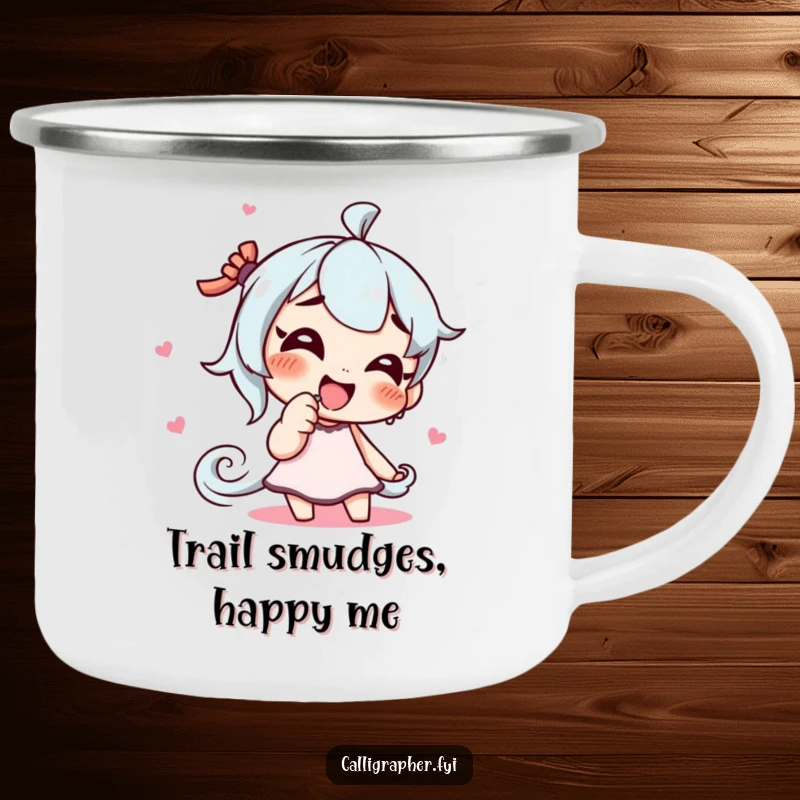 Funny camping mug with a giggling character artist drawing a swirling pattern with their finger, perfect for creative outdoor enjoyment.