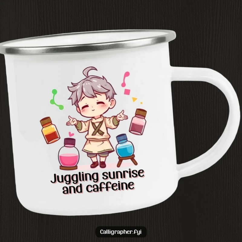 Funny camping mug with a character artist playfully juggling three different colored ink bottles, for creative outdoor enjoyment.