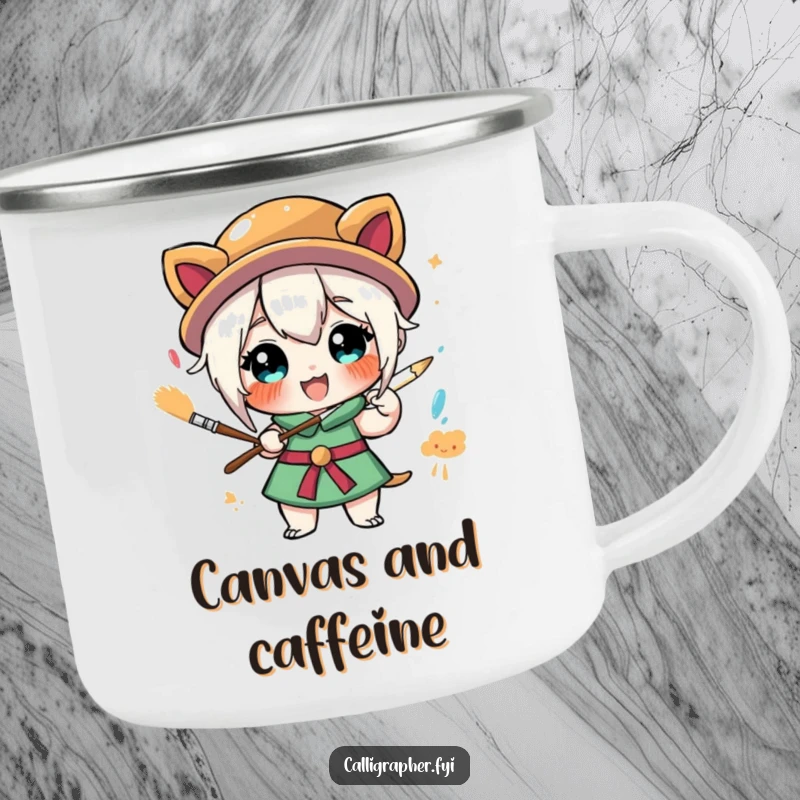 Funny camping mug showing a stylized character exuberantly painting outdoors, combining a love for art and nature in a humorous design.