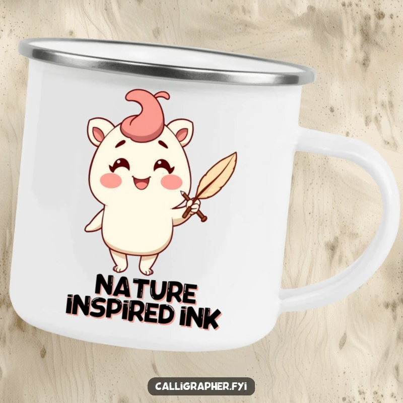 Funny camping mug featuring a cheerful character holding a quill pen with a flourish, combining outdoor enjoyment with a love for writing.