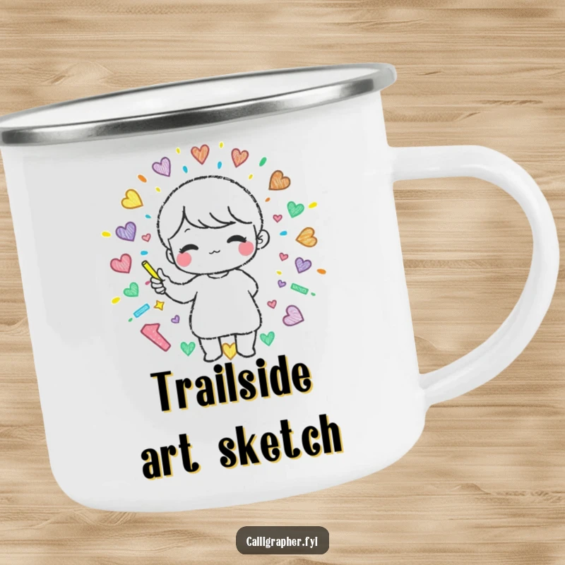 Funny camping mug showing a cute character creating a beautiful pattern with colorful chalk, inspiring creativity during outdoor adventures.