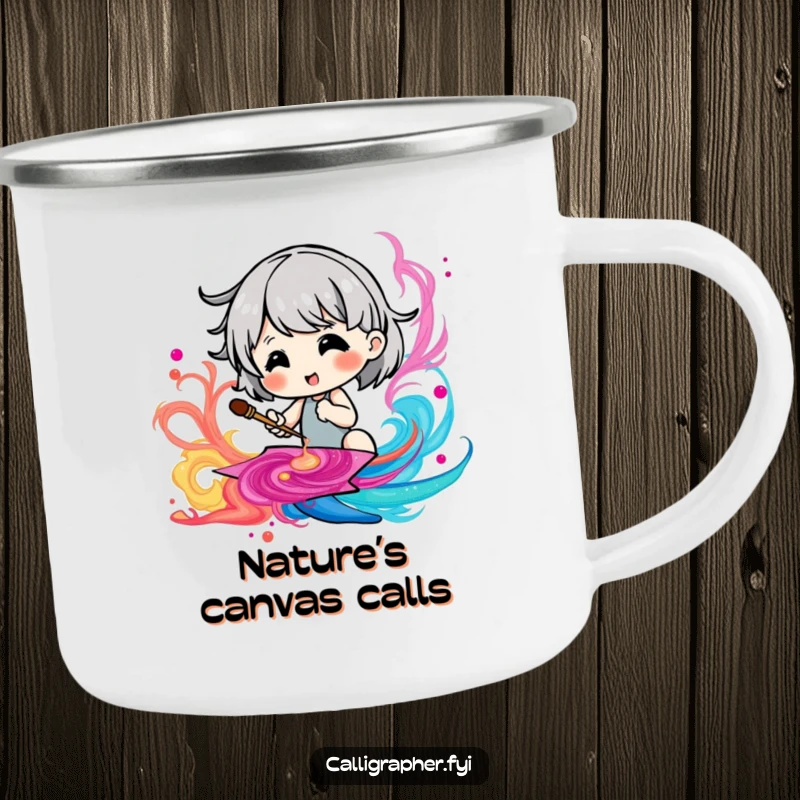 Funny camping mug featuring a cute character happily painting a swirling ink pattern, ideal for outdoor art.