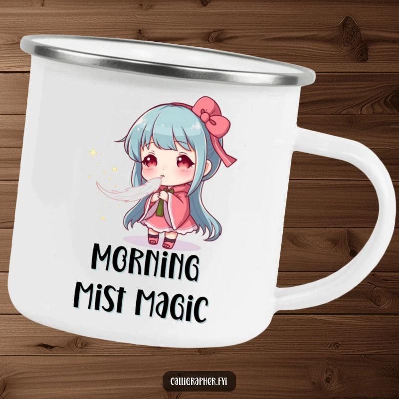 Funny camping mug depicting an artist gently blowing a feather to create a soft pigment cloud, celebrating outdoor creativity and delicate art.