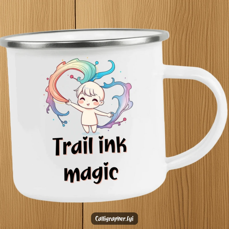 Funny camping mug featuring a cute character artistically creating mesmerizing swirling ink patterns in the air, perfect for sipping hot beverages outdoors.